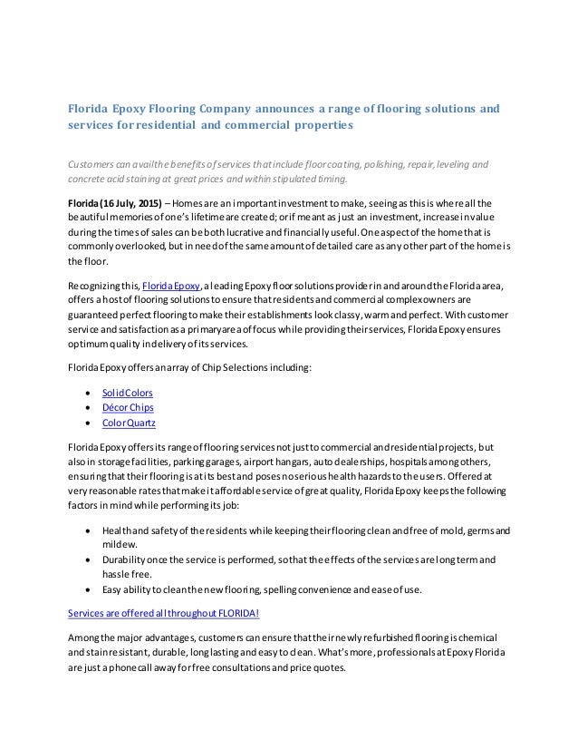 Florida Epoxy Flooring Company Announces A Range Of Flooring Solution