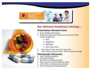 Secure Health
Benefits
Powerful, Affordable Health
Care for Everyone




                Our National Healthcare Savings...
                Prescription Discount Card
                •    Over 58,000 pharmacies
                •    Simply present your discount card at any of the
                     major drugstores:
                              o CVS
                              o Walgreens
                              o Wal-Mart
                              o And many more
                •       No limits on how much you can save
                •       15%-20% on brand name, 25% on generic drugs
                Chiropractic Discounts
                •    Over 30,000 providers
                •    Free Consultation
                •    No forms or waiting periods
                •    And no limit on the number of visits
                •    10%-30% on Chiropractic services
                •    25% on Nutritional Supplements
 