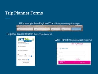 Trip Planner Forms
Hillsborough Area Regional Transit (http://www.gohart.org/)
Lynx Transit (http://www.golynx.com/)
Regional Transit System (http://go-rts.com/)
 