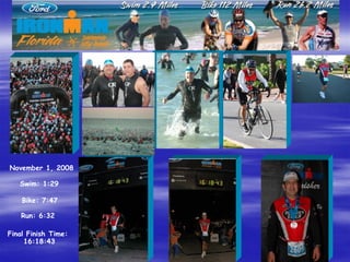 November 1, 2008

   Swim: 1:29

    Bike: 7:47

    Run: 6:32

Final Finish Time:
     16:18:43
 