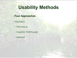 Usability Methods
Four Approaches

•Heuristics

• Think Aloud

• Cognitive Walkthrough

• Interview
 