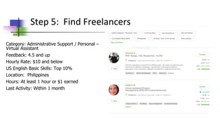 Category: Administrative Support / Personal –
Virtual Assistant
Feedback: 4.5 and up
Hourly Rate: $10 and below
US English Basic Skills: Top 10%
Location: Philippines
Hours: At least 1 hour or $1 earned
Last Activity: Within 1 month
Step 5: Find Freelancers
 