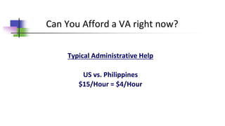 Typical Administrative Help
US vs. Philippines
$15/Hour = $4/Hour
Can You Afford a VA right now?
 
