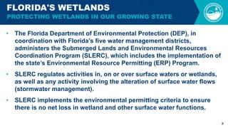 • The Florida Department of Environmental Protection (DEP), in
coordination with Florida’s five water management districts,
administers the Submerged Lands and Environmental Resources
Coordination Program (SLERC), which includes the implementation of
the state’s Environmental Resource Permitting (ERP) Program. ​
• SLERC regulates activities in, on or over surface waters or wetlands,
as well as any activity involving the alteration of surface water flows
(stormwater management).
• SLERC implements the environmental permitting criteria to ensure
there is no net loss in wetland and other surface water functions.
3
FLORIDA'S WETLANDS
PROTECTING WETLANDS IN OUR GROWING STATE
 