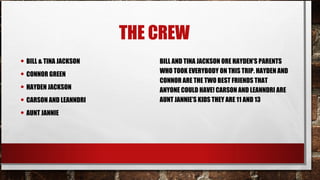 THE CREW
• BILL & TINA JACKSON
• CONNOR GREEN
• HAYDEN JACKSON
• CARSON AND LEANNDRI
• AUNT JANNIE

BILL AND TINA JACKSON ORE HAYDEN'S PARENTS
WHO TOOK EVERYBODY ON THIS TRIP. HAYDEN AND
CONNOR ARE THE TWO BEST FRIENDS THAT
ANYONE COULD HAVE! CARSON AND LEANNDRI ARE
AUNT JANNIE’S KIDS THEY ARE 11 AND 13

 
