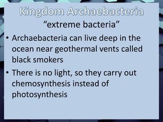 “extreme bacteria”
• Archaebacteria can live deep in the
ocean near geothermal vents called
black smokers
• There is no light, so they carry out
chemosynthesis instead of
photosynthesis
 