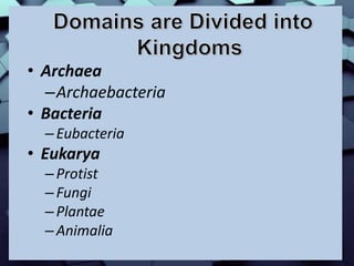 • Archaea
–Archaebacteria
• Bacteria
–Eubacteria
• Eukarya
–Protist
–Fungi
–Plantae
–Animalia
 