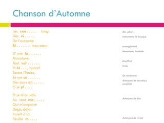 Chanson d’Automne
Les san . . . . . longs   des pleurs
Des vi . . . . .          Instruments de musique
De l’automne
Bl . . . . . . mon cœur   ensanglantent
                          Monotonie, lassitude
D’ une la . . . . . .
Monotone.
                          étouffant
Tout suf . . . . . .
                          livide
Et bl . . . , quand
Sonne l’heure,
                          Se remémorer
Je me so . . . . . .
                          Antonyme de nouveaux
Des jours an . . . . .    sangloter
Et je pl . . . .
Et je m’en vais
                          Antonyme de bon
Au vent ma . . . . .
Qui m’emporte
Deçà, delà
Pareil à la
                          Antonyme de vivant
Feuille m . . . .
 