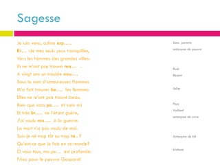 Sagesse
Je suis venu, calme orp…..            Sans parents
                                      antonyme de pauvre
Ri… de mes seuls yeux tranquilles,
Vers les hommes des grandes villes:
Ils ne m’ont pas trouvé ma… .         Rusé
A vingt ans un trouble nou….          Récent
Sous le nom d’amoureuses flammes
M’a fait trouver be…. les femmes:     Jolies

Elles ne m’ont pas trouvé beau.
Bien que sans pa…. et sans roi        Pays
                                      Vaillant
Et très br…. ne l’étant guère,
                                      antonyme de vivre
J’ai voulu mo…. à la guerre:
La mort n’a pas voulu de moi.
Suis-je né trop tôt ou trop ta.. ?    Antonyme de tôt

Qu’est-ce que je fais en ce monde?
                                      tristesse
O vous tous, ma pe… est profonde:
Priez pour le pauvre Gaspard!
 