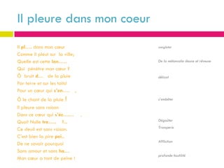 Il pleure dans mon coeur
Il pl…. dans mon cœur              sangloter

Comme il pleut sur la ville;
Quelle est cette lan…..            De la mélancolie douce et rêveuse
Qui pénètre mon cœur ?
Ô bruit d… de la pluie             délicat
Par terre et sur les toits!
Pour un cœur qui s’en…. ,
Ô le chant de la pluie !           s’embêter

Il pleure sans raison
Dans ce cœur qui s’éc……        .
Quoi! Nulle tra….. ?...            Dégoûter
                                   Tromperie
Ce deuil est sans raison.
C’est bien la pire pei..
                                   Affliction
De ne savoir pourquoi
Sans amour et sans ha…
                                   profonde hostilité
Mon cœur a tant de peine !
 