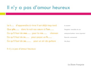 Il n’y a pas d’amour heureux


Le t…. d’apprendre à vivre il est déjà trop tard   le moment

Que ple….. dans la nuit nos cœurs à l’un…..        Sangloter- ensemble de voix

Ce qu’il faut de ma….. pour la mo…..     chanson   antonyme bonheur- moins important

Ce qu’il faut de re….. pour payer un fr…..         Remords- saisissement

Ce qu’il faut de sa……    pour un air de guitare    des pleurs




Il n’y a pas d’amour heureux




                                                         La Diane française
 