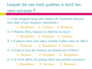 Lequel de ces trois poètes a écrit les
vers suivants ?
1- « Les sanglots longs des violons de l’automne bercent
mon cœur d’une langueur monotone.»
        1- Baudelaire 2- Verlaine 3- Rimbaud
2- « Homme libre, toujours tu chériras la mer.»
        1- Baudelaire 2- Rimbaud 3- Verlaine
3- « Il pleure dans mon cœur, comme il pleut dans la ville.»
        1- Rimbaud       2- Baudelaire 3- Verlaine
4- « C’est un trou de verdure où chante une rivière.»
        1- Verlaine      2- Rimbaud 3- Baudelaire
5- « Je m’en allais, les poings dans mes poches crevées.»
        1- Baudelaire 2- Verlaine       3- Rimbaud
 