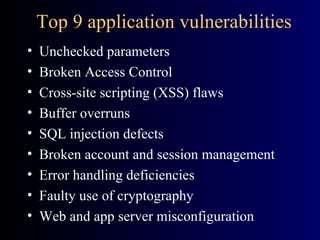 Top 9 application vulnerabilities Unchecked parameters  Broken Access Control Cross-site scripting (XSS) flaws Buffer overruns SQL injection defects Broken account and session management Error handling deficiencies Faulty use of cryptography Web and app server misconfiguration 