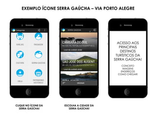 EXEMPLO ÍCONE SERRA GAÚCHA – VIA PORTO ALEGRE
ACESSO AOS
PRINCIPAIS
DESTINOS
TURÍSTICOS DA
SERRA GAÚCHA!
CONCEITO
IMAGENS
ENDEREÇOS
COMO CHEGAR!
CLIQUE NO ÍCONE DA
SERRA GAÚCHA!
ESCOLHA A CIDADE DA
SERRA GAÚCHA!
 