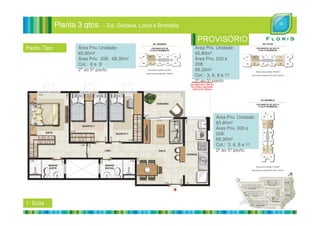 Planta 3 qtos. – Ed. Gérbera, Lotus e Bromélia
Área Priv. Unidade:
65,80m²
Área Priv. 203 e
208:
68,30m²
Col.: 3, 6, 8 e 11
2º ao 5º pavto.
Área Priv. Unidade:
65,80m²
Área Priv. 206: 68,30m²
Col.: 6 e 9
2º ao 5º pavto.
Pavto. Tipo
Área Priv. Unidade:
65,80m²
Área Priv. 203 e
208:
68,30m²
Col.: 3, 6, 8 e 11
2º ao 5º pavto.
1 Suíte
 