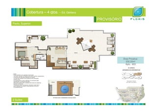 Cobertura – 4 qtos. – Ed. Gérbera
Pavto. Superior
2 Suítes
Área Privativa:
232,22m²
Apto: 603
 