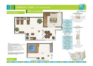 Cobertura – 3 qtos. – Ed. Lótus, Bromélia
Pavto. Superior
Área
Privativa 504
e 507:
133,43m²
Área
Privativa 505
e 512:
133,45m²
Aptos: 504,
2 Suítes
Área Privativa
504 e 507:
133,43m²
Área Privativa
505 e 512:
133,45m²
Aptos: 504,
505, 507 e
512
Aptos: 504,
505, 507 e
512
 