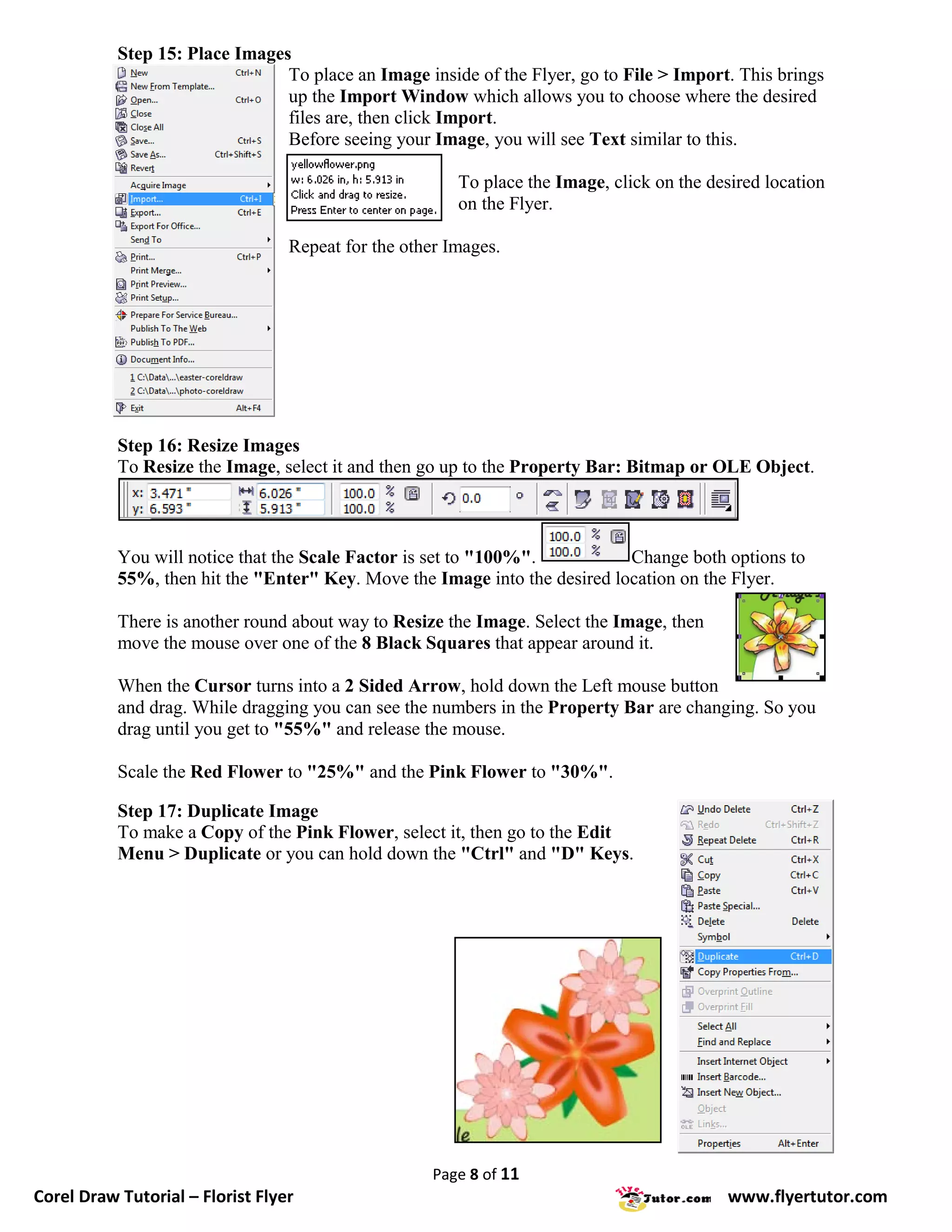 Step 15: Place Images
                                To place an Image inside of the Flyer, go to File > Import. This brings
                                up the Import Window which allows you to choose where the desired
                                files are, then click Import.
                                Before seeing your Image, you will see Text similar to this.

                                                        To place the Image, click on the desired location
                                                        on the Flyer.

                                  Repeat for the other Images.




           Step 16: Resize Images
           To Resize the Image, select it and then go up to the Property Bar: Bitmap or OLE Object.



           You will notice that the Scale Factor is set to "100%".          Change both options to
           55%, then hit the "Enter" Key. Move the Image into the desired location on the Flyer.

           There is another round about way to Resize the Image. Select the Image, then
           move the mouse over one of the 8 Black Squares that appear around it.

           When the Cursor turns into a 2 Sided Arrow, hold down the Left mouse button
           and drag. While dragging you can see the numbers in the Property Bar are changing. So you
           drag until you get to "55%" and release the mouse.

           Scale the Red Flower to "25%" and the Pink Flower to "30%".

           Step 17: Duplicate Image
           To make a Copy of the Pink Flower, select it, then go to the Edit
           Menu > Duplicate or you can hold down the "Ctrl" and "D" Keys.




                                                     Page 8 of 11
Corel Draw Tutorial – Florist Flyer                                                         www.flyertutor.com
 