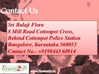 Contact Us
Sri Balaji Flora
8 Mill Road Cottonpet Cross,
Behind Cottonpet Police Station
Bangalore, Karnataka 560053
Contact No.- +9198443 68914
www.flowers2u.in