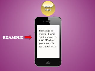 EXAMPLE
Spend $25 or
more at Floral
Spot and receive
$5 OFF when
you show this
text. EXP 5/15
SpendSpend
MoreMore
 