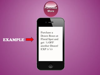 EXAMPLE
Purchase a
Dozen Roses at
Floral Spot and
get ½ OFF
another Dozen!
EXP 5/15
PurchasePurchase
MoreMore
 