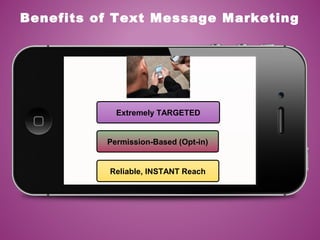 Extremely TARGETED
Permission-Based (Opt-in)
Reliable, INSTANT Reach
Benefits of Text Message Marketing
 