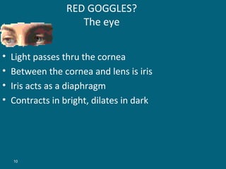 RED GOGGLES?
The eye
•
•
•
•

Light passes thru the cornea
Between the cornea and lens is iris
Iris acts as a diaphragm
Contracts in bright, dilates in dark

10

 