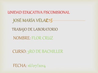 
UNIDAD EDUCATIVA FISCOMISIONAL
JOSÉ MARÍA VÉLAZ
TRABAJO DE LABORATORIO
NOMBRE: FLOR CRUZ
CURSO: 3RO DE BACHILLER
FECHA: 16/07/2014
 