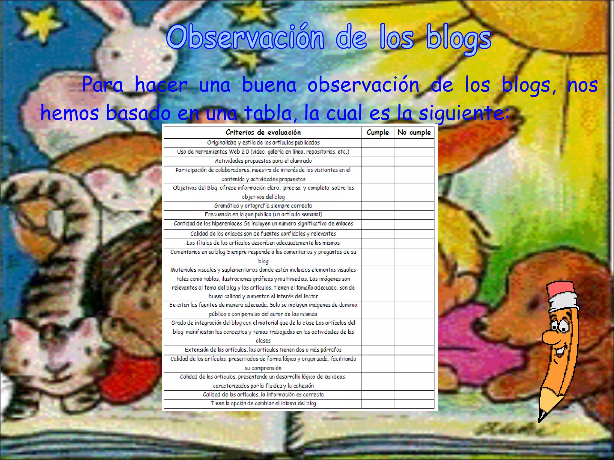 Para hacer una buena observación de los blogs, nos hemos basado en una tabla, la cual es la siguiente: Observación de los blogs 