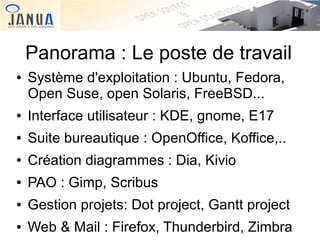 Panorama : Le poste de travail
●

Système d'exploitation : Ubuntu, Fedora,
Open Suse, open Solaris, FreeBSD...

●

Interface utilisateur : KDE, gnome, E17

●

Suite bureautique : OpenOffice, Koffice,..

●

Création diagrammes : Dia, Kivio

●

PAO : Gimp, Scribus

●

Gestion projets: Dot project, Gantt project

●

Web & Mail : Firefox, Thunderbird, Zimbra

 