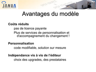 Avantages du modèle
Coûts réduits
pas de licence payante
Plus de services de personnalisation et
d'accompagnement du changement !
Personnalisation
code modifiable, solution sur mesure
Indépendance vis à vis de l’éditeur
choix des upgrades, des prestataires

 