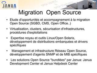 Migration Open Source
●

●

●

●

●

Etude d'opportunités et accompagnement à la migration
Open Source (SGBD, CMS, Open Office..)
Virtualisation, clusters, sécurisation d'infrastructures,
procédures d'exploitations
Expertise noyau et outils Linux/Open Solaris,
développement de distributions embarquées et drivers
spécifiques
Management et infrastructure Réseau Open Source,
développement d'agents SNMP et de MIB spécifiques
Les solutions Open Source "bundlées" par Janua: Janua
Development Center et Janua Helpdesk Center

 