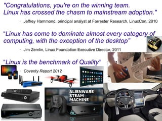 "Congratulations, you're on the winning team.
Linux has crossed the chasm to mainstream adoption."
➢ Jeffrey Hammond, principal analyst at Forrester Research, LinuxCon, 2010
“Linux has come to dominate almost every category of
computing, with the exception of the desktop”
➢ Jim Zemlin, Linux Foundation Executive Director, 2011
“Linux is the benchmark of Quality”
➢ Coverity Report 2012
 