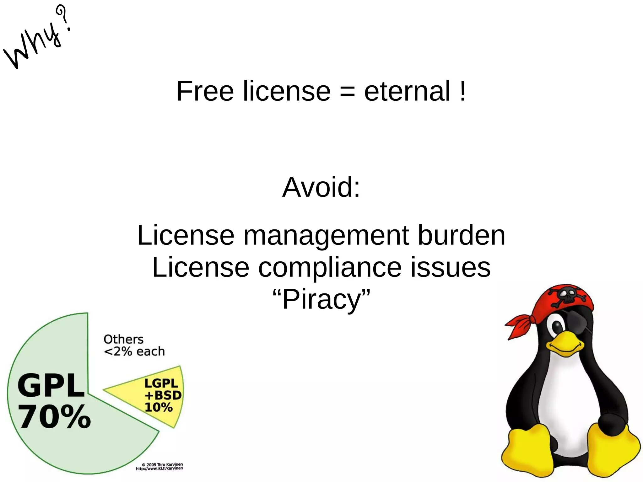 Free license = eternal !
Avoid:
License management burden
License compliance issues
“Piracy”
W
hy?
 
