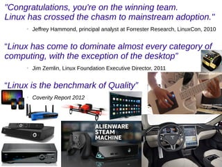 "Congratulations, you're on the winning team.
Linux has crossed the chasm to mainstream adoption."
➢
Jeffrey Hammond, principal analyst at Forrester Research, LinuxCon, 2010
“Linux has come to dominate almost every category of
computing, with the exception of the desktop”
➢
Jim Zemlin, Linux Foundation Executive Director, 2011
“Linux is the benchmark of Quality”
➢
Coverity Report 2012
 