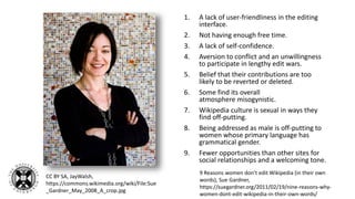 1. A lack of user-friendliness in the editing
interface.
2. Not having enough free time.
3. A lack of self-confidence.
4. Aversion to conflict and an unwillingness
to participate in lengthy edit wars.
5. Belief that their contributions are too
likely to be reverted or deleted.
6. Some find its overall
atmosphere misogynistic.
7. Wikipedia culture is sexual in ways they
find off-putting.
8. Being addressed as male is off-putting to
women whose primary language has
grammatical gender.
9. Fewer opportunities than other sites for
social relationships and a welcoming tone.
9 Reasons women don’t edit Wikipedia (in their own
words), Sue Gardner,
https://suegardner.org/2011/02/19/nine-reasons-why-
women-dont-edit-wikipedia-in-their-own-words/
CC BY SA, JayWalsh,
https://commons.wikimedia.org/wiki/File:Sue
_Gardner_May_2008_A_crop.jpg
 