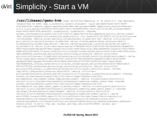 FLOSS UK Spring, March 2017
Simplicity - Start a VM
/usr/libexec/qemu-kvm -name vm-f16-buildmachine -S -M rhel6.4.0 -cpu W...
