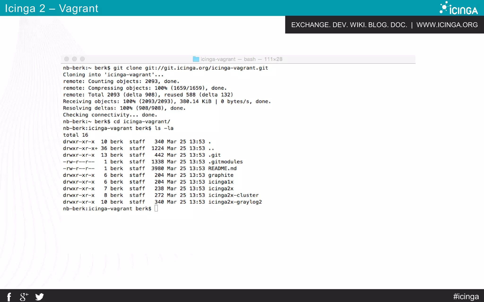 EXCHANGE. DEV. WIKI. BLOG. DOC. | WWW.ICINGA.ORG
#icinga
Icinga 2 – Vagrant
 