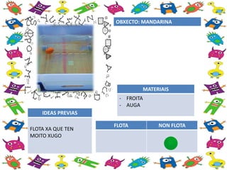 FLOTA NON FLOTA
OBXECTO: MANDARINA
MATERIAIS
- FROITA
- AUGA
IDEAS PREVIAS
FLOTA XA QUE TEN
MOITO XUGO
 