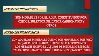 MINERALES HIDROFÍLICOS
MINERALES HIDROFÓBICOS
SON MOJABLES POR EL AGUA, CONSTITUIDOS POR:
ÓXIDOS, SULFATOS, SILICATOS, CARBONATOS Y
OTROS
SON AQUELLOS MINERALES QUE NO SON MOJABLES O SON POCO
MOJABLES POR EL AGUA, DENTRO DE ELLOS TENEMOS:
LOS METALES NATIVOS, SULFUROS DE METALES O ESPECIES
TALES COMO: GRAFITO, CARBÓN BITUMINOSO, TALCO Y OTROS.