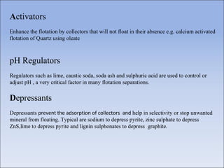 Activators
Enhance the flotation by collectors that will not float in their absence e.g. calcium activated
flotation of Quartz using oleate
pH Regulators
Regulators such as lime, caustic soda, soda ash and sulphuric acid are used to control or
adjust pH , a very critical factor in many flotation separations.
Depressants
Depressants prevent the adsorption of collectors and help in selectivity or stop unwanted
mineral from floating. Typical are sodium to depress pyrite, zinc sulphate to depress
ZnS,lime to depress pyrite and lignin sulphonates to depress graphite.
 