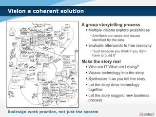 Vision a coherent solution

                         A group storytelling process
                              Multiple visions explore possibilities
                               • And flesh out cases and issues
                                 identified by the data
                              Evaluate afterwards to free creativity
                               • “Just because you think it you don’t
                                 have to build it”
                         Make the story real
                              Who am I? What am I doing?
                              Weave technology into the story
                              Synthesize it as you tell the story
                              Let the story drive technology
                               together
                              Let the story suggest new business
                               process
 