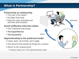 What is Partnership?

Partnership as relationship
  The user is the expert
  So follow their lead
  Help the users articulate and                        Withdrawal
   see their work practice
Avoid ineffective interview styles
  The Traditional Interviewer
  The Expert/Novice
  The Guest/Host                           Return

Apprenticeship is the preferred model
  Listen, learn, be humble, don’t judge
  And assume that people do things for a reason
  Return to the ongoing work
    • It always keeps you in the apprenticeship model
 