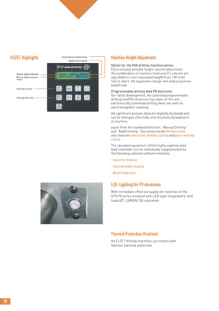 10
FLOTT-Highlights
Thermal Protection Overload
All FLOTT drilling machines use motors with
thermal overload protection
LED-Lighting for PV electronic
With immediate effect we supply all machines of the
STG PV series installed with LED-light integrated in drill
head 45°, LUMEN:150 cold white
Machine Height Adjustment
Option for the P40 drilling machine series:
Electronically variable height column adjustment.
the combination of machine head and it's column are
adjustable to user requested height (max 150 mm).
Tall or short, the ergonomic design will reduce posture
health risk.
Programmable drilling feed PV electronic
Our latest development, the patented programmable
drilling feed PV electronic has state-of-the-art,
electronically controlled drilling feed rate with an
electromagnetic coupling.
All significant process data are digitally displayed and
can be changed effectively and intuitively by keyboard
at any time.
Apart from the standard functions “Manual Drilling”
and “Feed Drilling”, the series model PV electronic
also features electronic thread-cutting and peck-drilling
cycles.
The standard equipment of this highly sophisticated
feed controller can be individually supplemented by
the following optional software modules:
· Security module
· Chip-breaker module
· Multi Feed Unit
Boring depth setpoint
value
Drilling by hand
Drilling with feed
Digital speed indicator
Actual boring depth value
Digital feed display
 