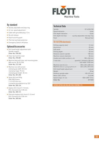 1313
Technical Data
Spindle B 16 DIN 238
Speed indication Scale
Drill depth indication Scale
Drill depth end stop quickly adjustable end stop ring
Feed Manual feed
TB10STWelectronic
Drilling capacity steel 12 mm
Aluminium 20 mm
Soft wood 40 mm
Drilling depth 50 mm
Distance column-spindle 180 mm
Machine-column diameter 50 mm
Usable work table surface (L x W) 180 x 260 mm
T-slot size quantity 2, distance 100 mm
size width 12/20 mm
Machine size (WxDxH) 250 x 425 x 600 mm
Machine size (incl. packaging) (WxDxH) 452 x 696 x 813 mm
Drill head height adjustment manual
Weight 20 kg
Distance spindle-table 105-275 mm
Motor 230 V, 50 Hz 0.45 kW
Speed range, inf. var. 500-3,000 1/min
Order No. 217.010
By standard
 Quickly adjustable end stop ring
 Inf. var. speed adjustment
 Cable with grounded plug 1.2 m
 No volt release
 Electrical drill guard
 Thermal overload protection
 Emergency Switch-off button
Optional/Accessories
 Drill head height adjustment with
Spindle support
Order No. 290.302
 Clear top machine cover
Order No. 290.081
 Machine base with door and mounting plate
800 mm for TB 10 STW
Order No. 213.168
 Machine vice with prisms
clamping jaw width: 85 mm
clamping range: 75 mm
clamping jaw height: 30 mm
Order No. 281.205
 Spiral drill set HSSg
DIN 338 25 parts
1-13 x 0,5 mm incr.
crosswise grounded drill tip 135°
Order No. 285.124
 keyless drill chuck (1-13 mm),
B16, Concentricity: 0.30 mm
Order No. 285.131
 Precision keyless drill chuck (1-13 mm)
B16, Concentricity: 0.06 mm
Order No. 285.064
FURTHER TAPPING AND DRILLING TOOLS STARTING P. 70
 