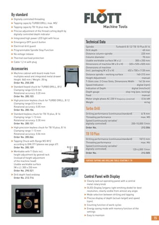15
By standard
 Digitally controlled threading
 Tapping capacity TURBO DRILL max. M5/
 Tapping capacity TB 10 plus max. M6
 Precise adjustment of the thread cutting depth by
digitally controlled depth indicator
 Integrated high power LED light with focus
 Emergency-OFF punch button
 Electrical drill guard
 Programmable Spindle Stop Function
 No voltage release
 Thermal overload protection
 Cable 1,2 m with plug
Accessories
 Machine cabinet with board made from
multiplex wood and integrated metal drawer
Height: 840 mm / Weight: 28 kg
Order No. 250.208
 Standard keyed chuck for TURBO DRILL, B12
Clamping range 0.5-8 mm
Rotational accuracy: 0.20 mm
Order No. 285.103
 High precision keyless chuck for TURBO DRILL, B 12
Clamping range 0.5-6 mm
Rotational accuracy: 0.05 mm
Order No. 285.104
 Standard keyless chuck for TB 10 plus; B 16
Clamping range 1-13 mm
Rotational accuracy: 0.30 mm
Order No. 285.131
 High precision keyless chuck for TB 10 plus, B 16
Clamping range 1-13 mm
Rotational accuracy: 0.06 mm
Order No. 285.064
 Tapping Chuck with Range M3-M12
according to DIN 371 (please see page 67)
Order No. 285.109
 Worktable with T-Slots incl.
height adjustment by geared rack
(instead of height adjustment
of the machine head)
Usable worktable surface
(W x L): 300 x 250 mm
Order No. 290.521
 Drill depth fixed endstop
Order No. 212.716
Technical Data
Spindle Turbodrill B 12/ TB 10 Plus B 16
Drill depth 60 mm
Distance column-spindle 220 mm
Column diameter 70 mm
Usable worktable surface (W x L) 300 x 250 mm
Dimensions of machine (W x D x H) 320 x 520 x 820 mm
Dimensions of machine
(incl. packaging W x D x H) 452 x 700 x 1130 mm
Distance spindle – working surface 140-315 mm
Height Adjustment manual
T-Slots size: 2 Cross Slots, Dimensions Width 14/ 26 mm
Speed Indication digital (rpm)
Indication of Depth digital (mm/inch)
Depth gauge stop ring (pos. locking)
Feed manual
Motor single phase AC 230 V (frequency converted) 0.54 kW
Weight 44 kg
Turbo Drill
Drilling performance (continuous/standard) 6/ 8 mm
Threading performance max. M5
Speed (continuously variable/
digitally controlled) 200-10,000 1/min
Order No. 212.506
TB10Plus
Drilling performance (continuous/standard) 10/12 mm
Threading performance max. M6
Speed (continuously variable/
digitally controlled) 120-6,000 1/min
Order No. 212.505
Control Panel with Display
 Clearly laid out operating panel with a central
metal rotary knob
 OLED-Display (organic light emitting diode) for best
resolution, clearly visible from almost any angle
 Mode selection between drilling and tapping
 Precise display of depth (actual-target) and speed
(rpm)
 Counting function of work cycles
 Energy saving mode with memory function of the
settings
 Easy to maintain
FURTHER TAPPING AND DRILLING TOOLS STARTING P. 70
 