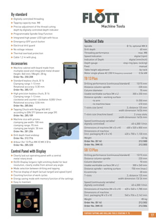 17
By standard
 Digitally controlled threading
 Tapping capacity max. M8
 Precise adjustment of the thread cutting
depth by digitally controlled depth indicator
 Programmable Spindle Stop Function
 Integrated high power LED light with focus
 Emergency-OFF punch button
 Electrical drill guard
 No voltage release
 Thermal overload protection
 Cable 1,2 m with plug
Accessories
 Machine cabinet with board made from
multiplex wood and integrated metal drawer
Height: 840 mm / Weight: 28 kg
Order No. 250.208
 Standard keyless chuck, B 16
Clamping range 1-13 mm
Rotational accuracy: 0.30 mm
Order No. 285.131
 High precision keyless chuck, B 16
Clamping range 1-13 mm
clockwise and counter-clockwise: 8,000 1/min
Rotational accuracy: 0.06 mm
Order No. 285.064
 Tapping Chuck with Range M3-M12
according to DIN 371 (please see page 59)
Order No. 285.109
 Machine vice with prisms
clamping jaw width: 100 mm
clamping range: 95 mm
clamping jaw height: 30 mm
Order No. 281.206
 Drill depth fixed endstop
Order No. 212.716
 Arbour (for 13 Plus MK II) MK II B16
Order No. 285.320
Control Panel with Display
 Clearly laid out operating panel with a central
metal rotary knob
 OLED-Display (organic light emitting diode) for best
resolution, clearly visible from almost any angle
 Mode selection between drilling and tapping
 Precise display of depth (actual-target) and speed (rpm)
 Counting function of work cycles
 Energy saving mode with memory function of the settings
 Easy to maintain
Technical Data
Spindle B 16, optional MK II
Drill depth 60 mm
Threading performance max. M8
Speed Indication digital (rpm)
Indication of Depth digital (mm/inch)
Depth gauge stop ring (pos. locking)
Feed manual
Table height adjustment by rack
Motor single phase AC 230 V (frequency converted) 0.54 kW
TB13Plus
Drilling performance (continuous/standard) 13/15 mm
Distance column-spindle 220 mm
Column diameter 70 mm
Usable worktable surface (W x L) 300 x 250 mm
Distance spindle – working surface
-to arm 0-350 mm
-to machine base 410 mm
T-slots size (arm) 2; distance 125 mm
width dimension 14/26 mm
T-slots size (machine base) 2 cross slots
width dimension 14/26 mm
Speed (continuously variable/
digitally controlled) 40-4,000 1/min
Dimensions of machine (W x D x H) 400 x 520 x 850 mm
Dimensions of machine
(incl. packaging W x D x H) 420 x 700 x 1,130 mm
Weight 62 kg
Order No. (B 16) 212.500
Order No. (MK II) 212.503
SB13Plus
Drilling performance (continuous/standard) 13/15 mm
Distance column-spindle 220 mm
Column diameter 70 mm
Usable worktable surface (W x L) 300 x 240 mm
Distance spindle – working surface 750 mm (max.)
Eccentricity 20 mm
T-slots 2; distance 125 mm
width dimension 13/ 26 mm
Speed (continuously variable/
digitally controlled) 40-4,000 1/min
Dimensions of machine (W x D x H) 420 x 540 x 1,780 mm
Dimensions of machine
(incl. packaging W x D x H) 540 x 936 x 2,142 mm
Weight 85 kg
Order No. (B 16) 212.502
Order No. (MK II) 212.504
FURTHER TAPPING AND DRILLING TOOLS STARTING P. 70
 