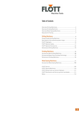 3
Table of Contents
Overview Drilling Machinery ......................................................4
Overview Grinding Machinery ....................................................5
Overview Metal Sawing Machinery ............................................6
Education & Training ..................................................................7
Drilling Machinery ..................................................................8
Product Guide Drilling Machines................................................8
Description of the essential product range................................9
FLOTT-Highlights ....................................................................10
FLOTT Machine Safety ..............................................................11
FLOTT Options/ Accessories ....................................................64
Dimensions Drilling Machines ................................................74
Grinding Machinery ..............................................................75
Accessories Belt Grinding Machines........................................88
Accessories/Spare Parts Grinding Technology ........................79
Dimensions Grinding Machines................................................90
Metal Sawing Machinery ......................................................91
Accessories Metal Sawing Machines......................................108
FLOTT Service ........................................................................109
FLOTT Special Machinery ......................................................110
FLOTT Extract from our terms of delivery..............................111
FLOTT Distribution and Service partners worldwide..............111
Notes ......................................................................................112
 