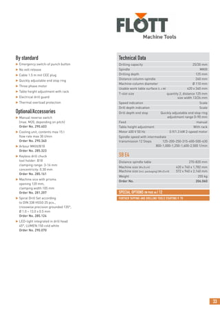 33
FURTHER TAPPING AND DRILLING TOOLS STARTING P. 70
Technical Data
Drilling capacity 25/30 mm
Spindle MKIII
Drilling depth 125 mm
Distance column-spindle 260 mm
Machine-column diameter Ø 110 mm
Usable work table surface (L x W) 420 x 340 mm
T-slot size quantity 2, distance 125 mm
size width 13/26 mm
Speed indication Scale
Drill depth indication Scale
Drill depth end stop Quickly adjustable end stop ring
adjustment range 0-90 mm
Feed manual
Table height adjustment With rack
Motor 400 V 50 Hz 0.9/1.3 kW 2-speed motor
Spindle speed with intermediate
transmission 12 Steps 125-200-250-315-400-500-630
800-1,000-1,250-1,600-2,500 1/min
SBE4
Distance spindle table 270-820 mm
Machine size (WxDxH) 420 x 740 x 1,782 mm
Machine size (incl. packaging) (WxDxH) 572 x 940 x 2,140 mm
Weight 255 kg
Order No. 206.060
By standard
 Emergency switch-of punch button
 No volt release
 Cable 1.5 m mit CEE plug
 Quickly adjustable end stop ring
 Three phase motor
 Table height adjustment with rack
 Electrical drill guard
 Thermal overload protection
Optional/Accessories
 Manual reverse switch
(max. M20, depending on pitch)
Order No. 290.403
 Cooling unit, contents max 15 l
flow rate max 30 l/min
Order No. 290.340
 Arbour MKIII/B18
Order No. 285.323
 Keyless drill chuck
tool holder: B18
clamping range: 3-16 mm
concentricity: 0.30 mm
Order No. 285.161
 Machine vice with prisms
opening 120 mm,
clamping width 105 mm
Order No. 281.207
 Spiral Drill Set according
to DIN 338 HSSG 25 pcs.,
crosswise precision grounded 135°,
Ø 1.0 – 13.0 x 0.5 mm
Order No. 285.124
 LED-light integrated in drill head
45°, LUMEN:150 cold white
Order No. 290.070
SPECIAL OPTIONS ON PAGE 64 | 12
 