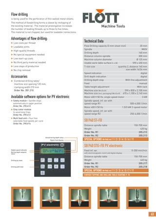 63
FURTHER TAPPING AND DRILLING TOOLS STARTING P. 70
Flow drilling
is being used for the perforation of thin walled metal sheets.
The method of flowdrilling forms a sleeve by reshaping of
the existing material . The material prolongation increases
the number of leading threads up to three to five times.
The material is not chipped, but used for loadable connections.
Advantages of flow drilling:
 Low costs per thread
 Loadable joints
 High-quality threads
 No special equipment needed
 Low start-up costs
 No third party material needed
 Less steps of production
 No chip removal
Accessories
 Combined drilling table/
machine vice opening 120 mm,
clamping width 210 mm
Order No. 281.210
Available software options for PV electronic
 Safety module – Spindle stops
automatically in upper position
Order No. 290.613
 Chip cutter module
to avoid long chips
Order No. 290.612
 Multi feed unit – Four free
selectable feed speeds per cycle
Order No. 290.614
Technical Data
Flow Drilling capacity (3 mm sheet iron) 20 mm
Spindle MKIV
Drilling depth 160 mm
Distance column-spindle 300 mm
Machine-column diameter Ø 125 mm
Usable work table surface (L x W) 590 x 450 mm
T-slot size quantity 2, distance 160 mm
size width 14/26 mm
Speed indication digital
Drill depth indication digital
Drilling depth stop With fine adjustment
Feed manual
Table height adjustment With rack
Machine size (WxDxH) 590 x 830 x 2,100 mm
Machine size (incl. packaging) (WxDxH) 670 x 1,100 x 2,140 mm
Motor 400 V 50 Hz, single speed motor 3 kW
Spindle speed, inf. var with
speed range R1 500-4,000 1/min
Motor 400 V 50 Hz 1.5/3 kW 2-speed motor
Spindle speed, inf. var with
speed range R2 250-4,000 1/min
SBP40ST-FB
Distance spindle table 150-700 mm
Weight 420 kg
Order No. R1 205.212
Order No. R2 205.213
SBP40STG-FB PV electronic
Feed inf. var. 0-300 mm/min
with electromagnetic clutch and digital display
Distance spindle table 150-700 mm
Weight 445 kg
Order No. R1 205.217
Order No. R2 205.218
SPECIAL OPTIONS ON PAGE 64 |1 | 2 | 3 | 4 | 5 | 6 | 11
SPECIAL OPTIONS ON PAGE 64 |1 | 2 | 3 | 4 | 5 | 7 | 11
Boring depth setpoint
value
Drilling by hand
Drilling with feed
Digital speed indicator
Actual boring depth value
Digital feed display
 